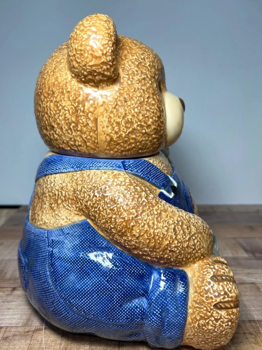 Ceramic Bear Cookie Jar With Blue Overalls & Watering Can